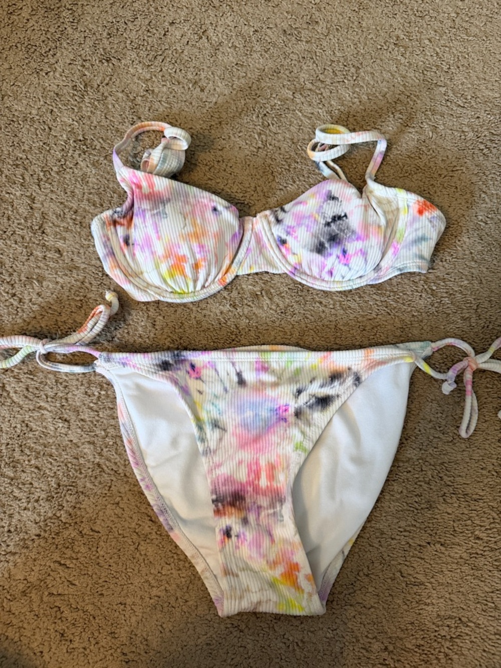 Xhilaration White Tie-Dye Ribbed Bikini Set with Multi-Color Accents
